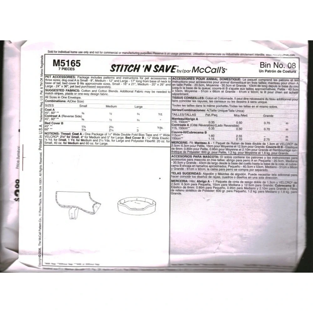 McCalls M5165 Stitch n Save Pet Accessories Sewing Pattern Dog Coat Bed Size A